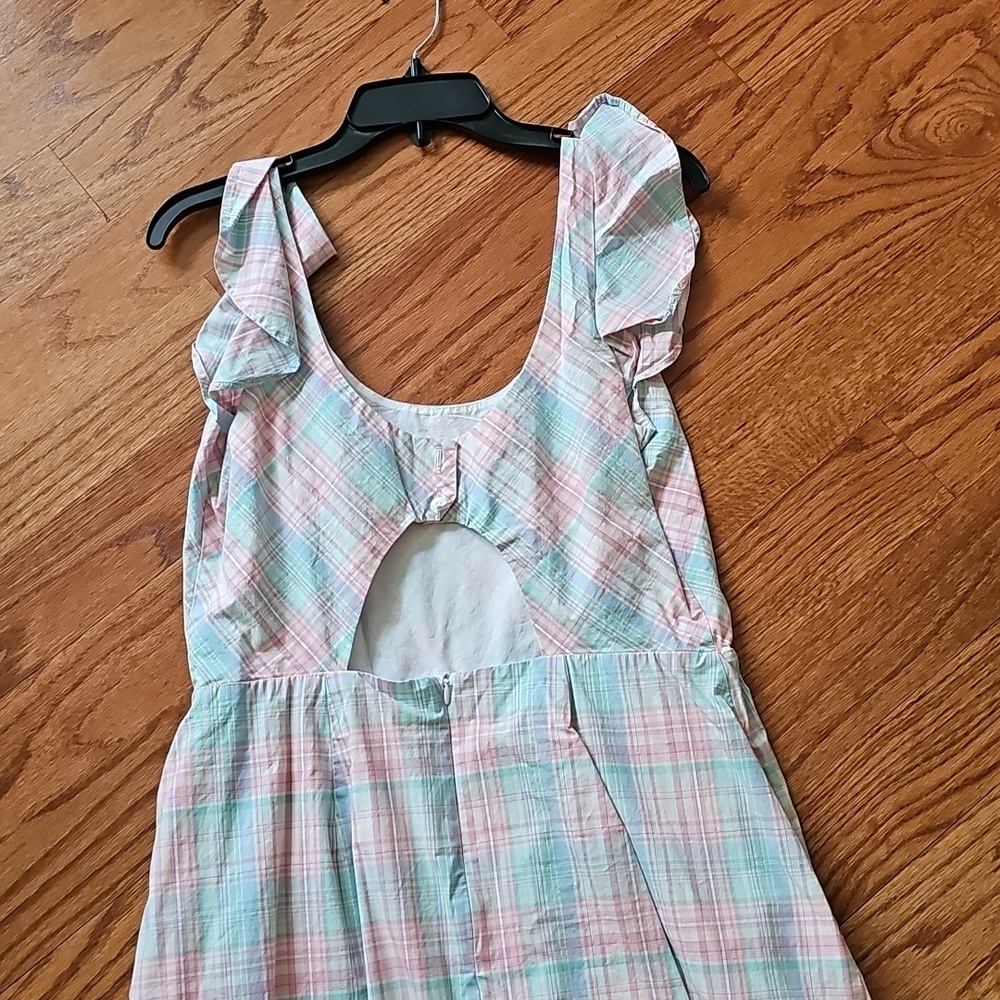 Womens Plaid Sundress with Ruffle Straps - Pastel Pink & Mint - Picture 3 of 4